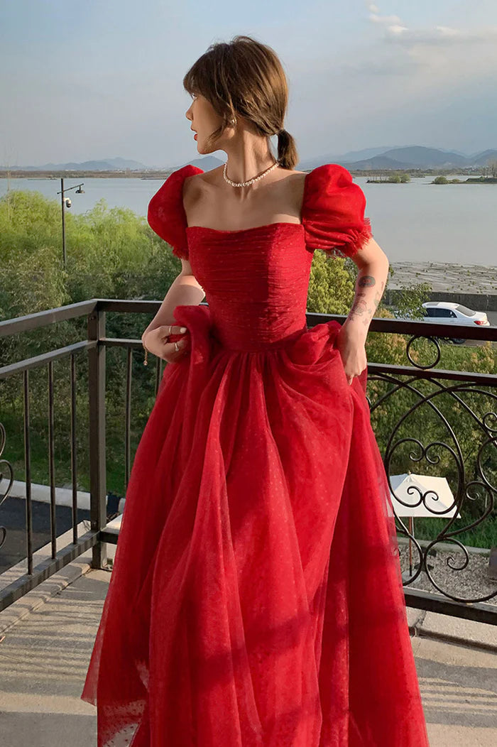 Red Tulle Long A-Line Unique Design Full Of Charm Party Dresses